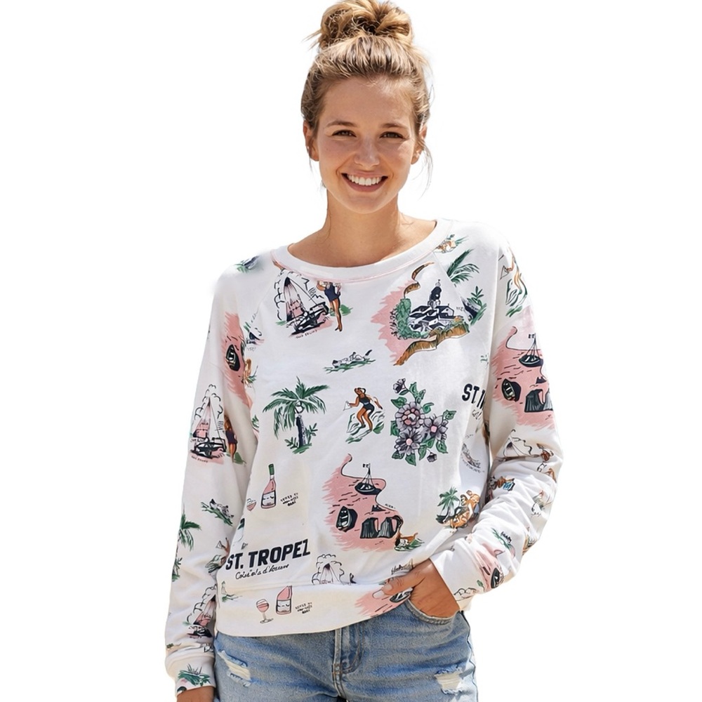 Lou & Grey St. Tropez Cozy Cotton blend Sweatshirt tropical vacation theme L NWT